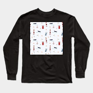 Nautical Pattern with Boats and Lighthouses Long Sleeve T-Shirt